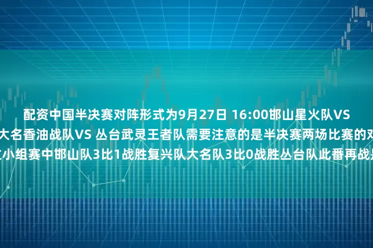 配资中国半决赛对阵形式为9月27日 16:00邯山星火队VS 复兴钢焰队9月27日 19:00大名香油战队VS 丛台武灵王者队需要注意的是半决赛两场比赛的对手都曾在小组赛相遇激战过小组赛中邯山队3比1战胜复兴队大名队3比0战胜丛台队此番再战是延续胜利？还是翻身雪耻？值得期待！◈◈◈来源：邯郸新闻网发布于：北京市